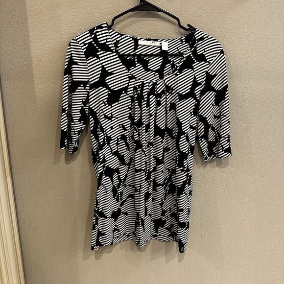 Hugo Boss Black & White Striped Pullover Top Medium Modal Pleated Neckline - Picture 1 of 6